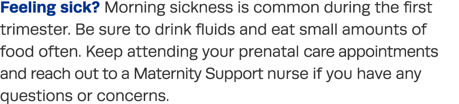 Feeling sick  Morning sickness is common during the first trimester  Be sure to drink fluids and eat small amounts of   