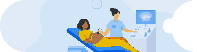 Prenatal care concept  Sonographer scanning and examining pregnant woman while expecting father looking at monitor  Vector illustration for medical examination, sonography, ultrasound test topics